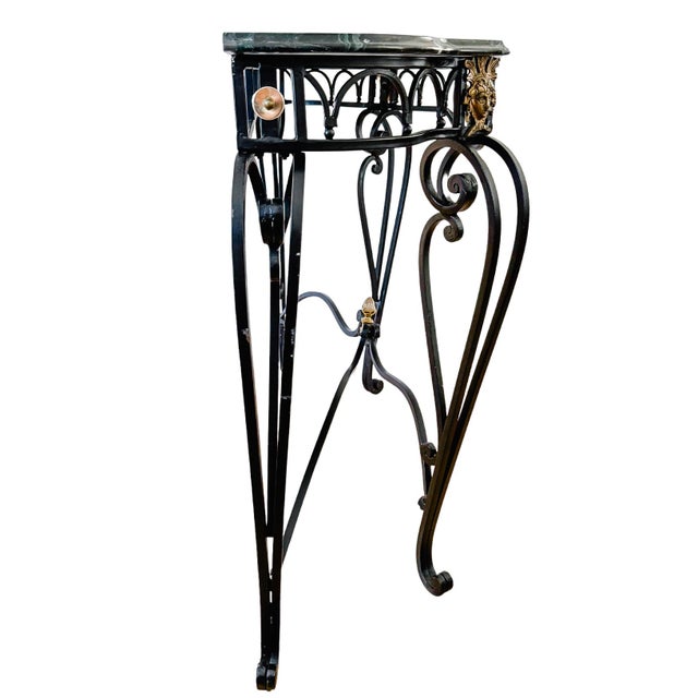 1970s French Empire Style Wrought Iron & Black Marble Serpentine Console Table For Sale - Image 5 of 11