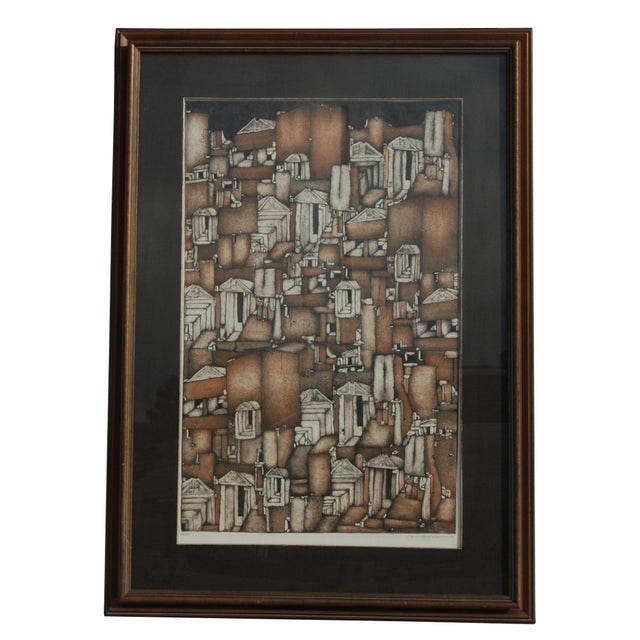 Limited edition Fecit Etching, numbered 36/200. Artwork is framed, and depicts a village in neutral tones. Art Dimensions...