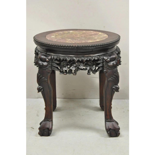 Antique Chinese Carved Hardwood Foo Dog Marble Top 18" Plant Stand Side Table For Sale - Image 10 of 10