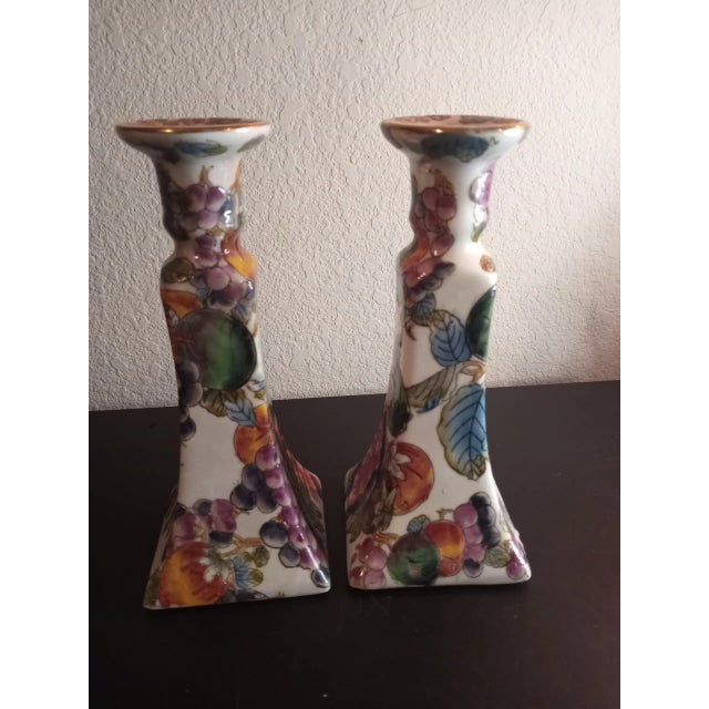1980s Porcelain Hand Painted Floral Candle Holders - a Pair For Sale - Image 4 of 5