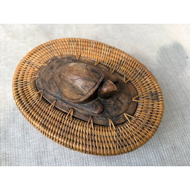 Wood Vintage Indonesian Lombok Woven Rattan Lidded Basket With Wood Carved Turtle For Sale - Image 7 of 18
