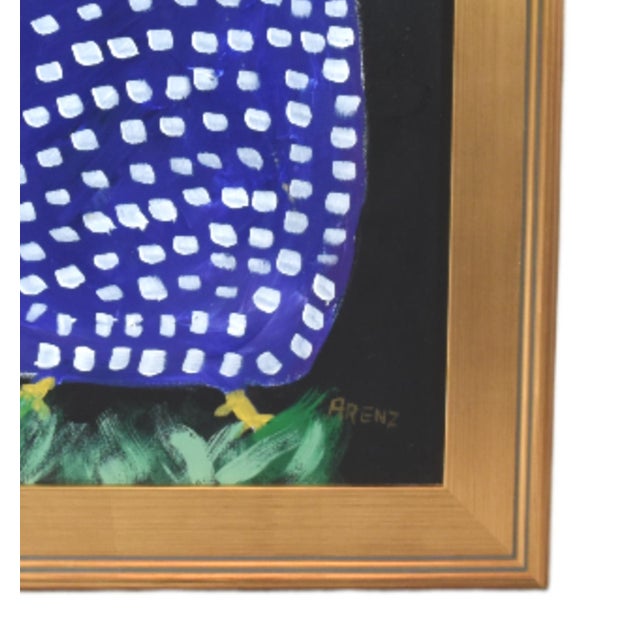 Abstract Blue and White Original Folk Art Chicken Hen Painting by Ruth Arenz Including the Antiqued Gold Wood Frame For Sale - Image 3 of 6