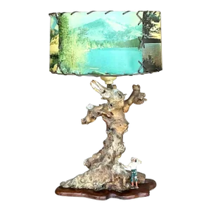 Vintage Mid 20th Century Driftwood Lamp With Scenic Shade