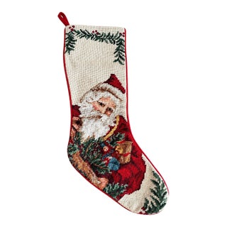 Vintage Handmade Needlepoint Christmas Stocking Santa Claus Red Velvet 20" For Sale