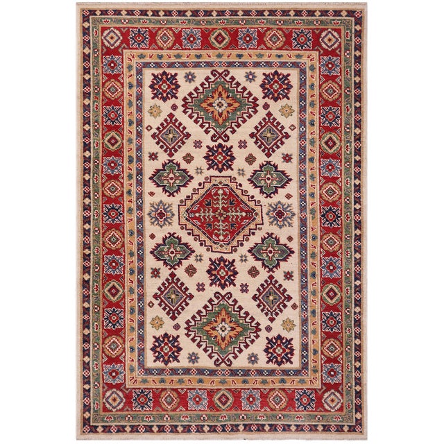 Boheo Chic Kazak Tribal Beige/Red Wool Rug - 4'0''x6'0'' For Sale - Image 10 of 10