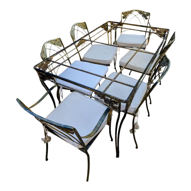 1960s Mid-Century Hollywood Regency Patio Set, Gilt Table and 6 Chairs For Sale