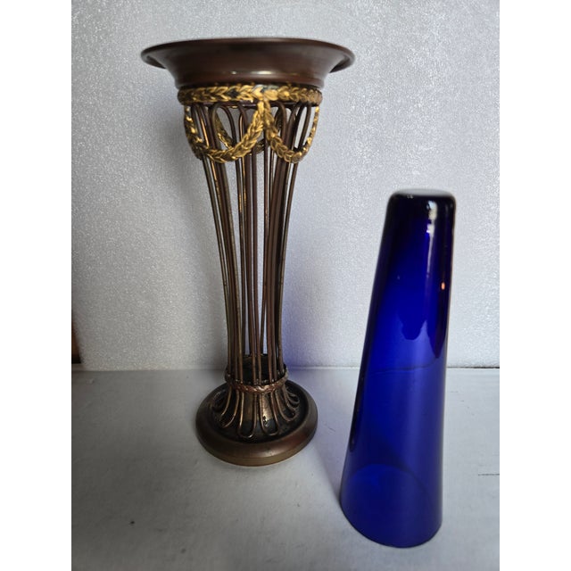 English Vintage Blue Glass and Sheffield Vase For Sale - Image 3 of 7