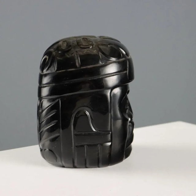 Olmec Head in Black Obsidian Stone For Sale - Image 4 of 8