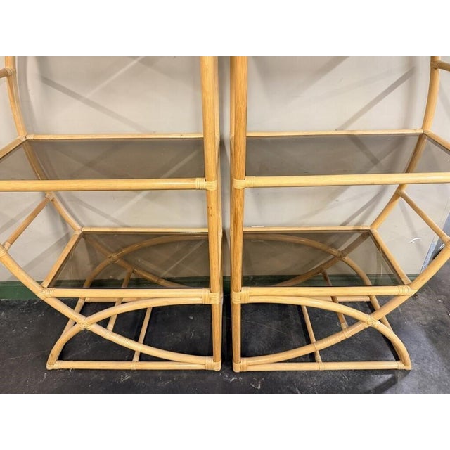 Wood 84-Inch Rattan Half-Round Etageres With Smoked Glass Shelves - A Pair For Sale - Image 7 of 8