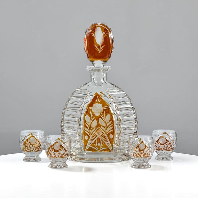 Art Deco Amber Overlay Cut Crystal Decanter & Cordial Glasses, 1930s, Set of 5 For Sale - Image 17 of 17
