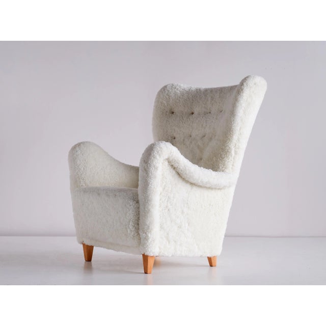 Swedish White Sheepskin and Beech Armchair by Otto Schulz from Boet, 1940s For Sale - Image 11 of 13