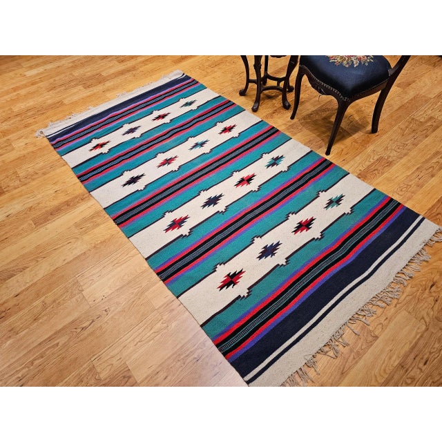 Vintage American Southwestern Kilim, Handwoven Wool, Stripe Pattern, Ivory & Green, 4’ X 8’ For Sale - Image 12 of 12