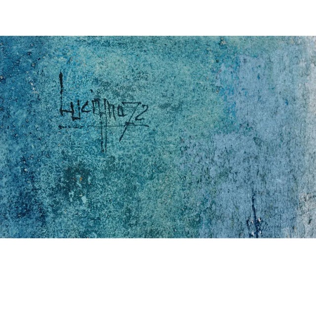 1970s Expressionist Rustic European Blue White and Teal Village Landscape Painting With Boat For Sale - Image 5 of 16