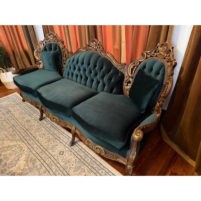 Late 20th Century Late 20th Century Victorian Rococo Revival Style Carved Wood Sofa in Emerald Green Velvet For Sale - Image 5 of 7