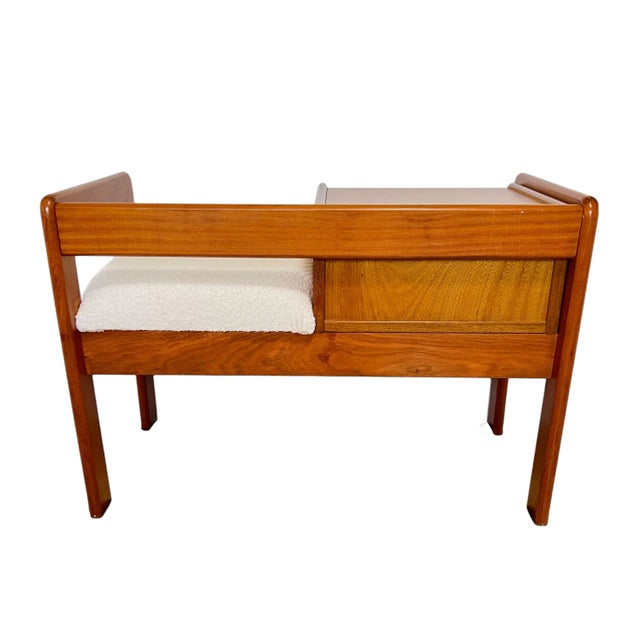 Mid-Century Modern Teak Telephone Bench With Alabaster Boucle, 1980s For Sale - Image 11 of 11