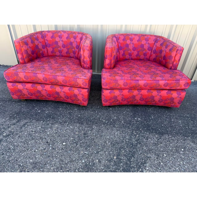 Beautiful pair of chairs by Harvey Probber. Bright vibrant color. In very good condition, Fabric has sun fading, see...