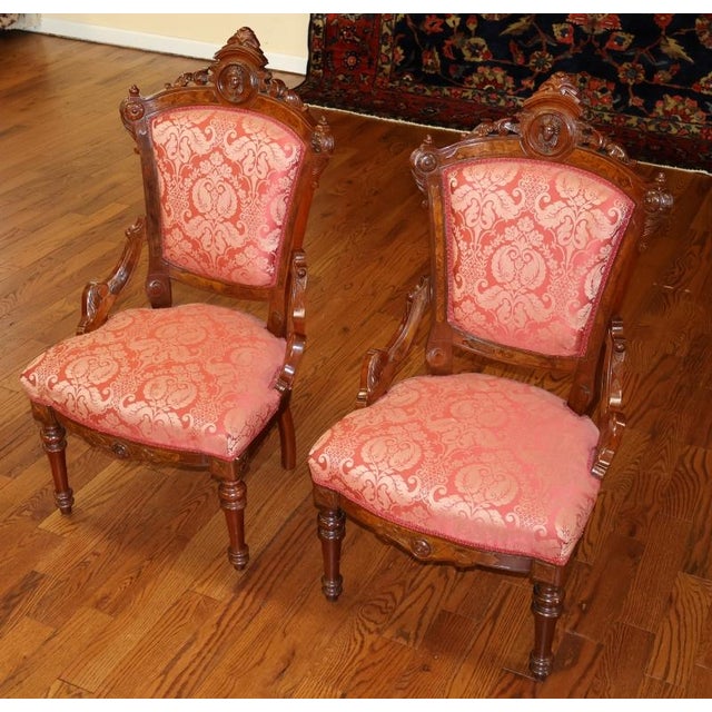 Pair of Jelliff Victorian 19th Century Walnut Carved Damask Fabric Side Chairs Dimensions : 20" Wide X 18" Deep X 40" Tall...