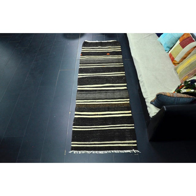 Vintage Tribal Turkish Black Kilim Runner Rug For Sale - Image 11 of 11