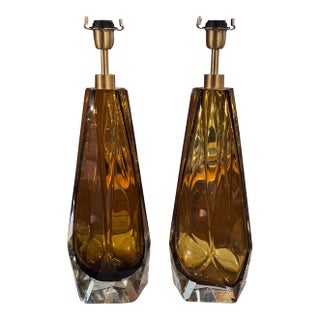 Murano Amber Glass Lamps - a Pair For Sale