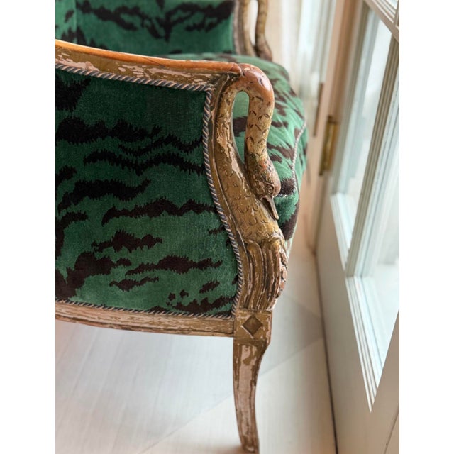 French 18th Century French Upholstered Arm Chair With Hand Carved Wood Swans For Sale - Image 3 of 6