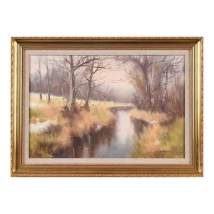 Vintage Oil Painting of River Landscape in Ireland Countryside by Modern Irish Artist, 1984