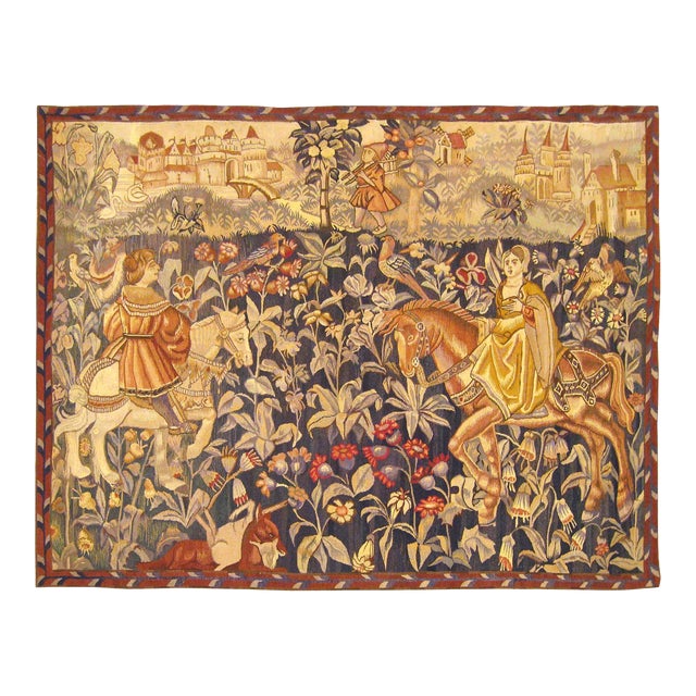 Late 19th Cent. French Hunting Tapestry, Riders on Horses in Mille Fleurs Setting For Sale