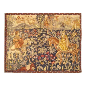 Late 19th Cent. French Hunting Tapestry, Riders on Horses in Mille Fleurs Setting