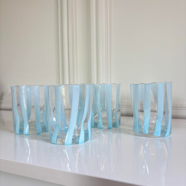Set of 4 Size: 4"H x 3"W Light Blue/Clear Striped Murano Glass Lowball Glasses Made in Italy | Hand-painted Scalloped...