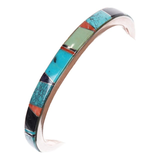 6 3/8" Kay Yazzie Navajo sterling multi-stone channel inlay cuff bracelet For Sale