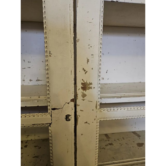 Antique French Hand-Painted Bookcase/Cabinet - Distressed White, Beaded Trim, Double Door For Sale In New York - Image 6 of 8