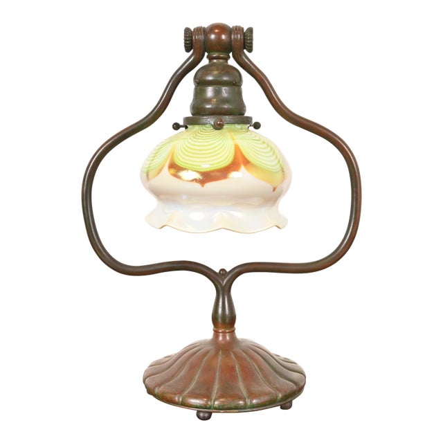 Tiffany Studios New York Bronze Harp Desk Lamp With Pulled Feather Favrile Glass Shade For Sale