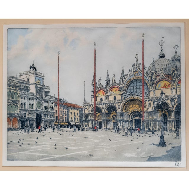 Traditional 20th Century Colored Aquatint Etching of St. Mark's Square Venice, Signed For Sale - Image 3 of 14