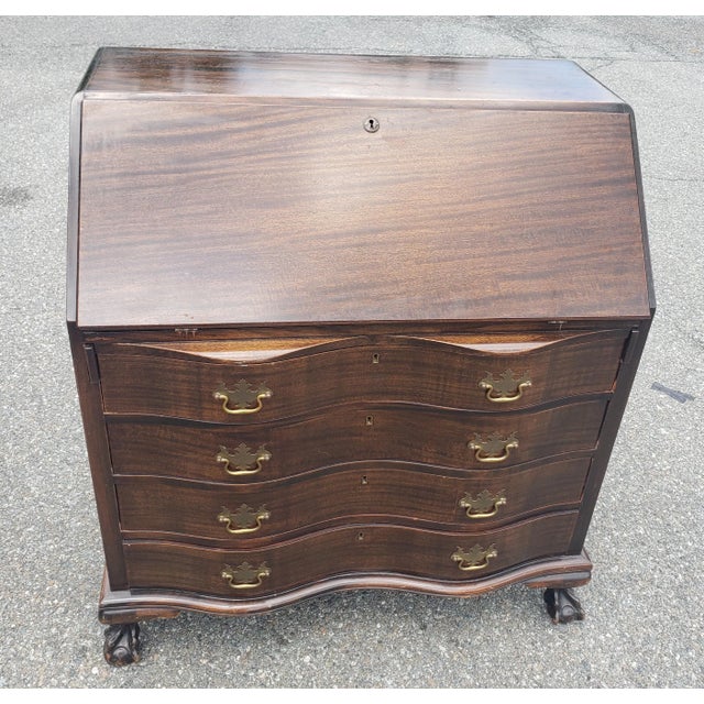 Wood Early 20th C. Chippendale Style Mahogany Oxbow Slant Front Secretary Desk For Sale - Image 7 of 11