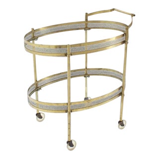 Vintage Mid-Century Pierced Brass & Glass Two-Tier Serving Cart For Sale