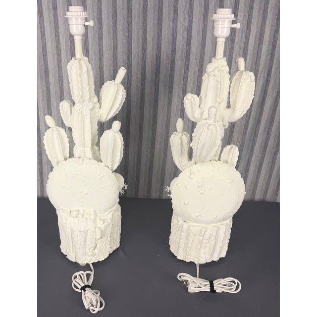 1990s 1990s Hand Carved Wood Cactus Lamps Finished in White Plaster - A Pair For Sale - Image 5 of 7