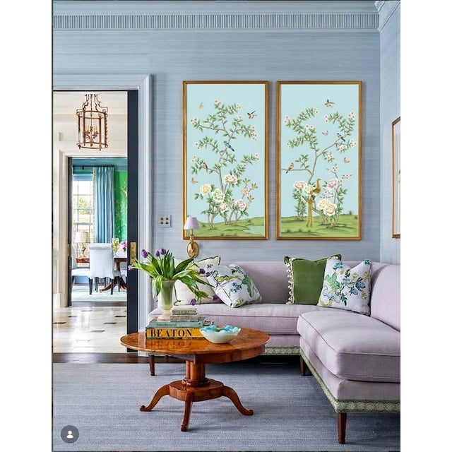 Art Deco W24"*h48"/Panel * a Set of 3 Panels Peony on Light Blue Tea Paper, Wall Artwork, Painting, No Frame, Tea Wallpaper For Sale - Image 3 of 7