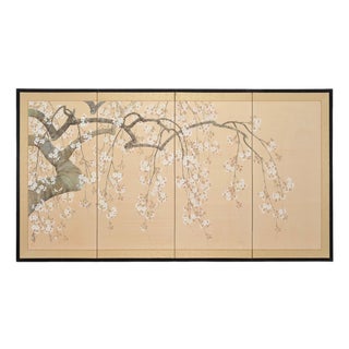 Japanese Showa Four Panel Screen Flowering Cherry Blossom For Sale