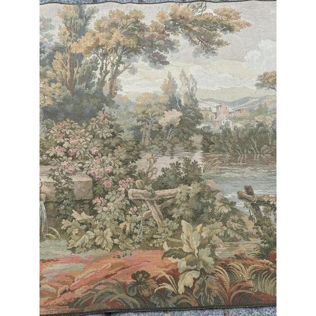 Beautiful vintage French Aubusson style tapestry with a nice design of the nature with trees, vegetation and river, a...