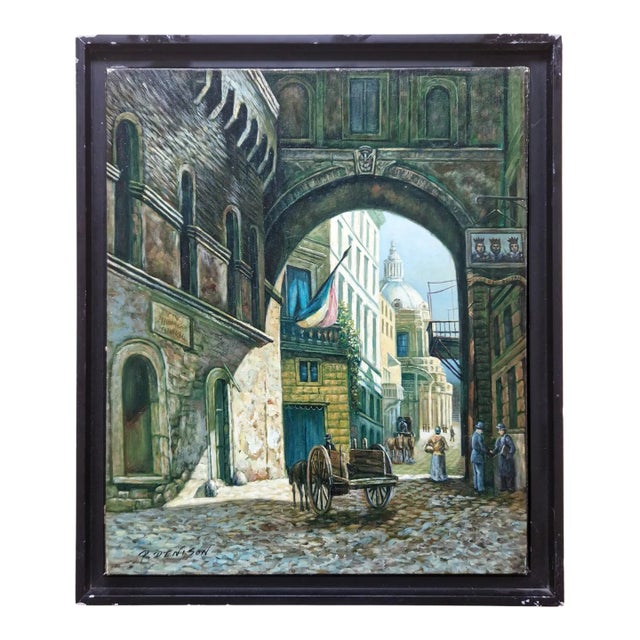 Mid-20th Century Signed P. Denison - European Street Scene With Archway, Oil on Canvas For Sale