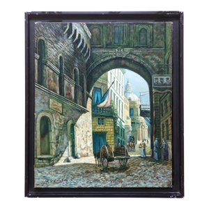 Mid-20th Century Signed P. Denison - European Street Scene With Archway, Oil on Canvas