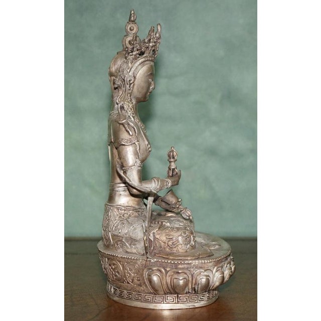 Tibetan Silvered Metal Buddhist Deity Figure Statue on Lotus Base For Sale - Image 9 of 18