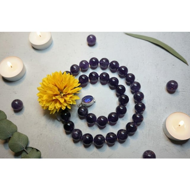 Metal Natural Brazilian Amethyst Necklace, Untreated 16mm Beads, 25 Inch Length For Sale - Image 7 of 8
