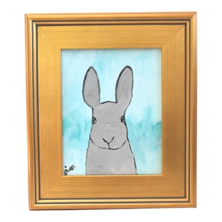 Folk Art Bunny Rabbit Hare Oil Painting Including the Antiqued Gold Wood Frame For Sale