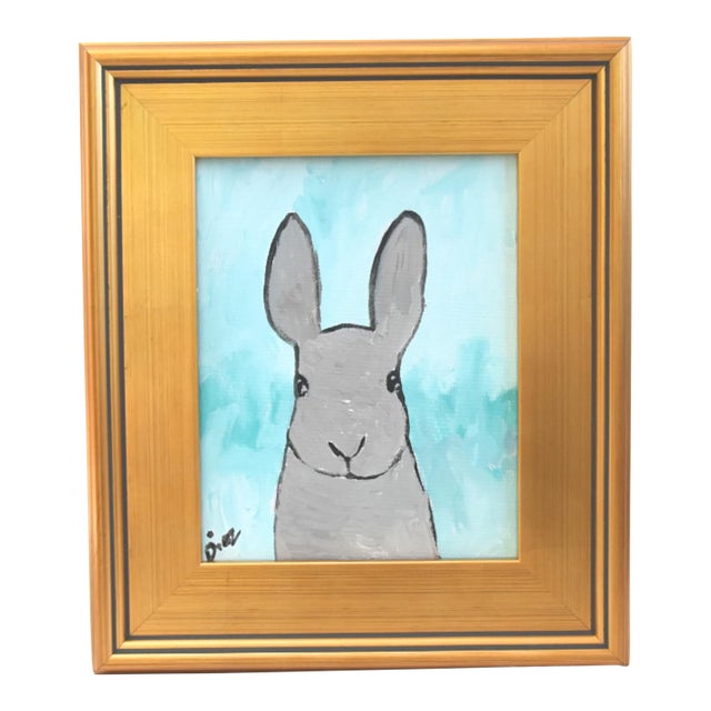 Folk Art Bunny Rabbit Hare Oil Painting Including the Antiqued Gold Wood Frame For Sale