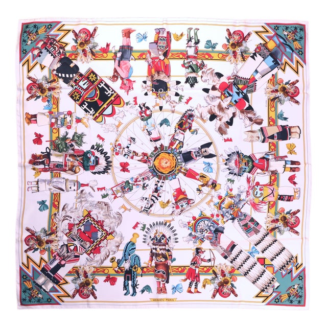 Hermès "Kachinas" 90cm White & Multi Color Silk Scarf by Kermit Oliver, 2004 For Sale