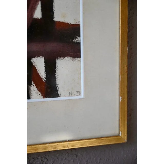 Abstract painting signed H. Doll, circa 1970. Wood frame, painting under glass. Black abstract figures with red highlights...