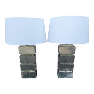 Pair of 1980s Chrome Stacked Geometric Table Lamps Possibly in the Style of Curtis Jere For Sale