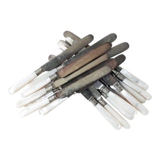 Antique English Mother of Pearl & Silverplate Knives - Set of 18 For Sale