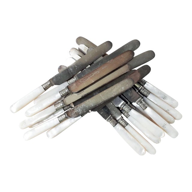 Antique English Mother of Pearl & Silverplate Knives - Set of 18 For Sale