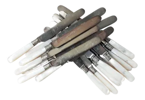 Antique English Mother of Pearl & Silverplate Knives - Set of 18